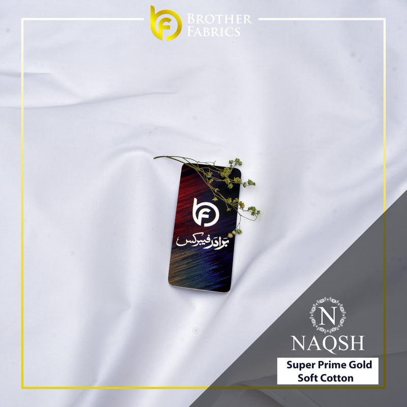 Brother Fabrics Naqsh Super Prime Gold Soft Cotton – Classic Snow White | Premium Men's Unstitched Cotton Suit