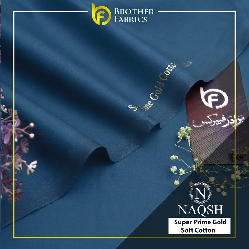 Brother Fabrics Naqsh Super Prime Gold Soft Cotton – Royal Steel Blue | Premium Soft Cotton Fabric