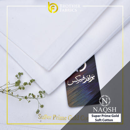 Brother Fabrics Naqsh Super Prime Gold Soft Cotton – Classic Snow White | Premium Men's Unstitched Cotton Suit