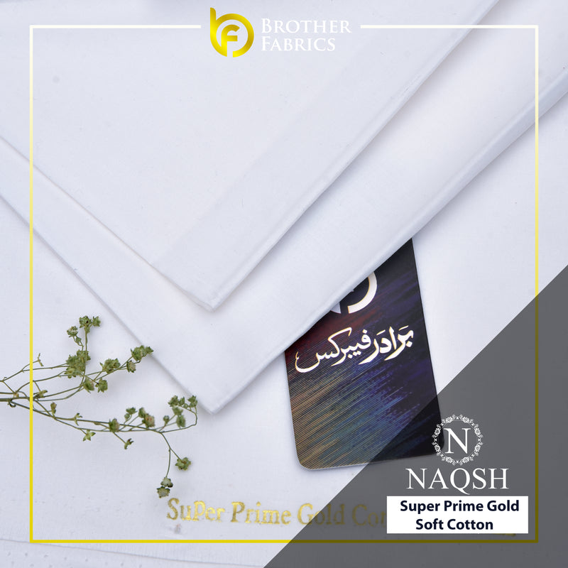 Brother Fabrics Naqsh Super Prime Gold Soft Cotton – Classic Snow White | Premium Men's Unstitched Cotton Suit
