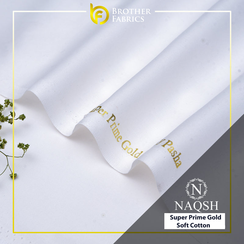 Brother Fabrics Naqsh Super Prime Gold Soft Cotton – Classic Snow White | Premium Men's Unstitched Cotton Suit