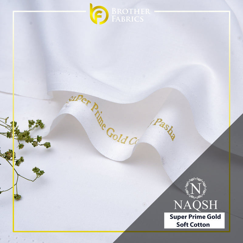 Brother Fabrics Naqsh Super Prime Gold Soft Cotton – Classic Snow White | Premium Men's Unstitched Cotton Suit