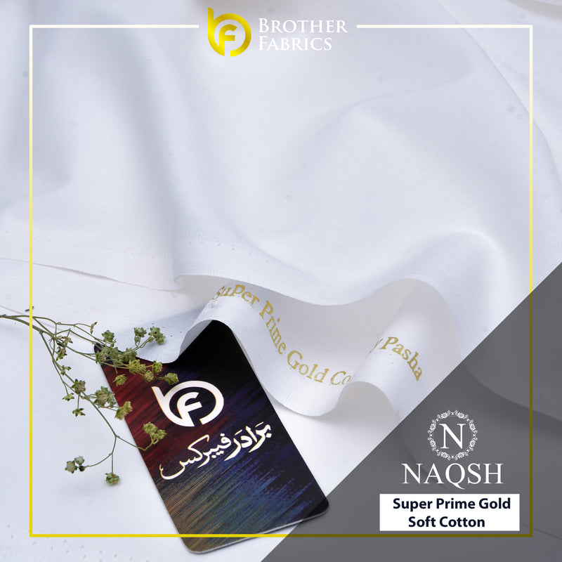 Brother Fabrics Naqsh Super Prime Gold Soft Cotton – Classic Snow White | Premium Men's Unstitched Cotton Suit